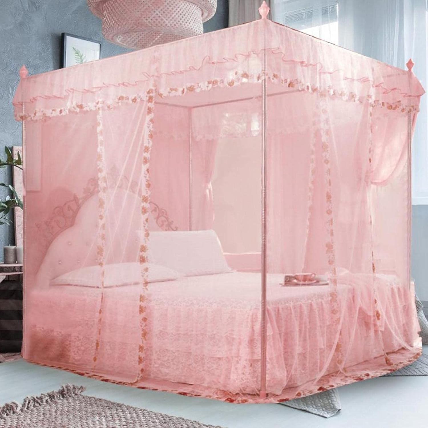 Cryfokt Princess 4 Corners Post Bed Curtain Canopy, Elegant Netting Bed Canopy Set Mesh Net Bed Canopy Netting for Home(M)