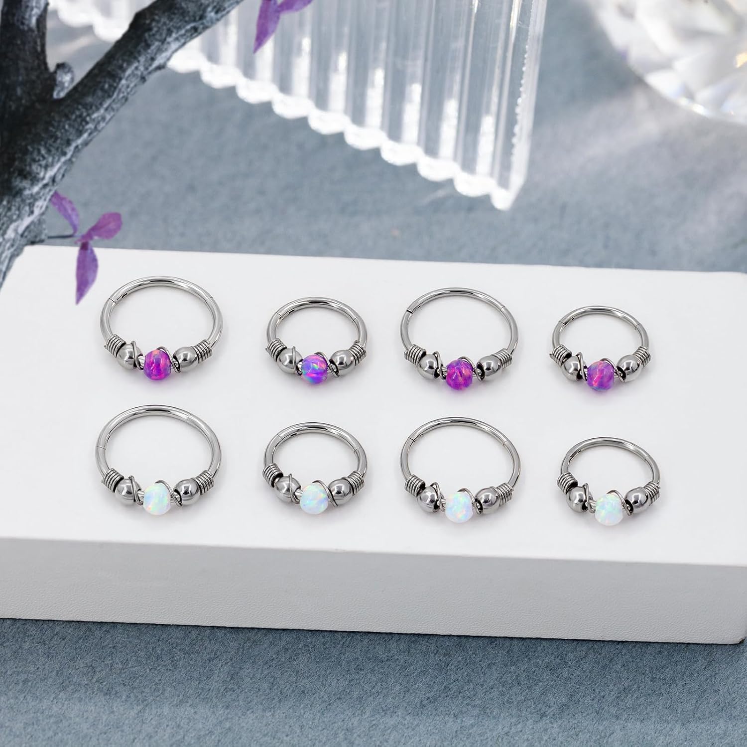 Nose Ring Hoop, 316L Surgical Steel Opal Septum Ring, 18G 20g Cartilage Earring for Women Helix Daith Tragus Nose Labret Lip Piercing Jewelry 7mm/8mm/10mm