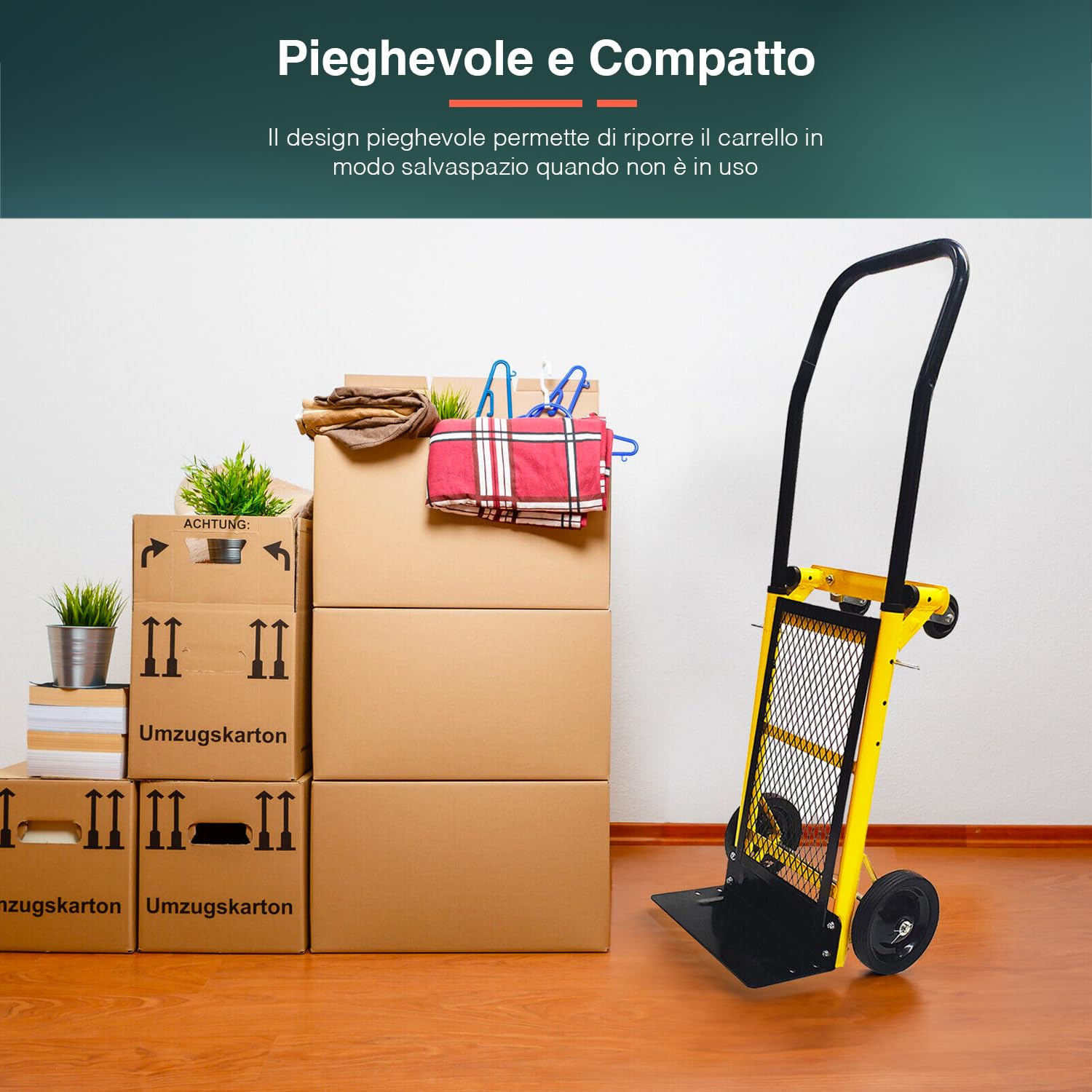 Carrello Porta Carichi Pesanti Pieghevole - Carrello Multifunzione in Acciaio con 4 Ruote in Gomma, Capacità 45kg, 99x38x31 cm, Ideale per Carichi Pesanti