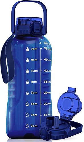 Miniatura 14 de AQUAFIT Botella de agua de 64 onzas con marcador de tiempo - Pajilla y tapa de trago 2 en 1 - Botella de agua grande sin BPA con pajilla - Botella