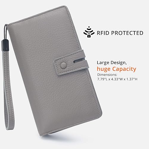 Miniatura 3 de Cartera de piel Bveyzi para mujer, grande, con bolsillo con cremallera para sostener teléfono y chequera, Gris, Cartera Rfid