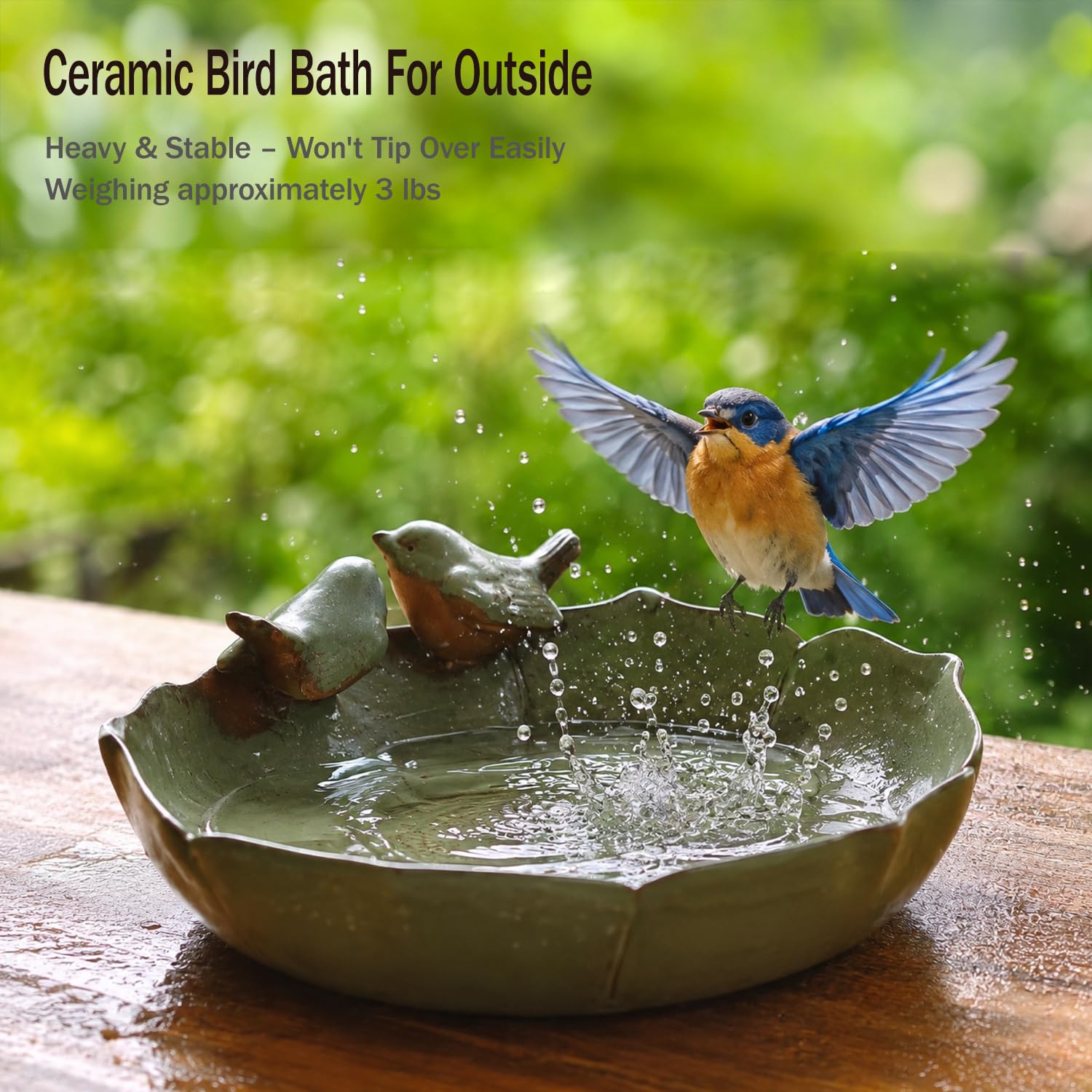Baño de cerámica para pájaros para exteriores en el suelo, cuenco de baño para pájaros de 9.45 pulgadas, comederos de pájaros y baño para pájaros para exteriores, jardín, mesa, cubierta