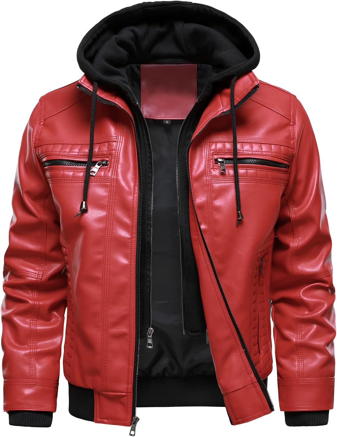 HOOD CREW Men Faux Leather Jacket with Detachable Hood Casual Motorcycle Bomber Jackets Outerwear