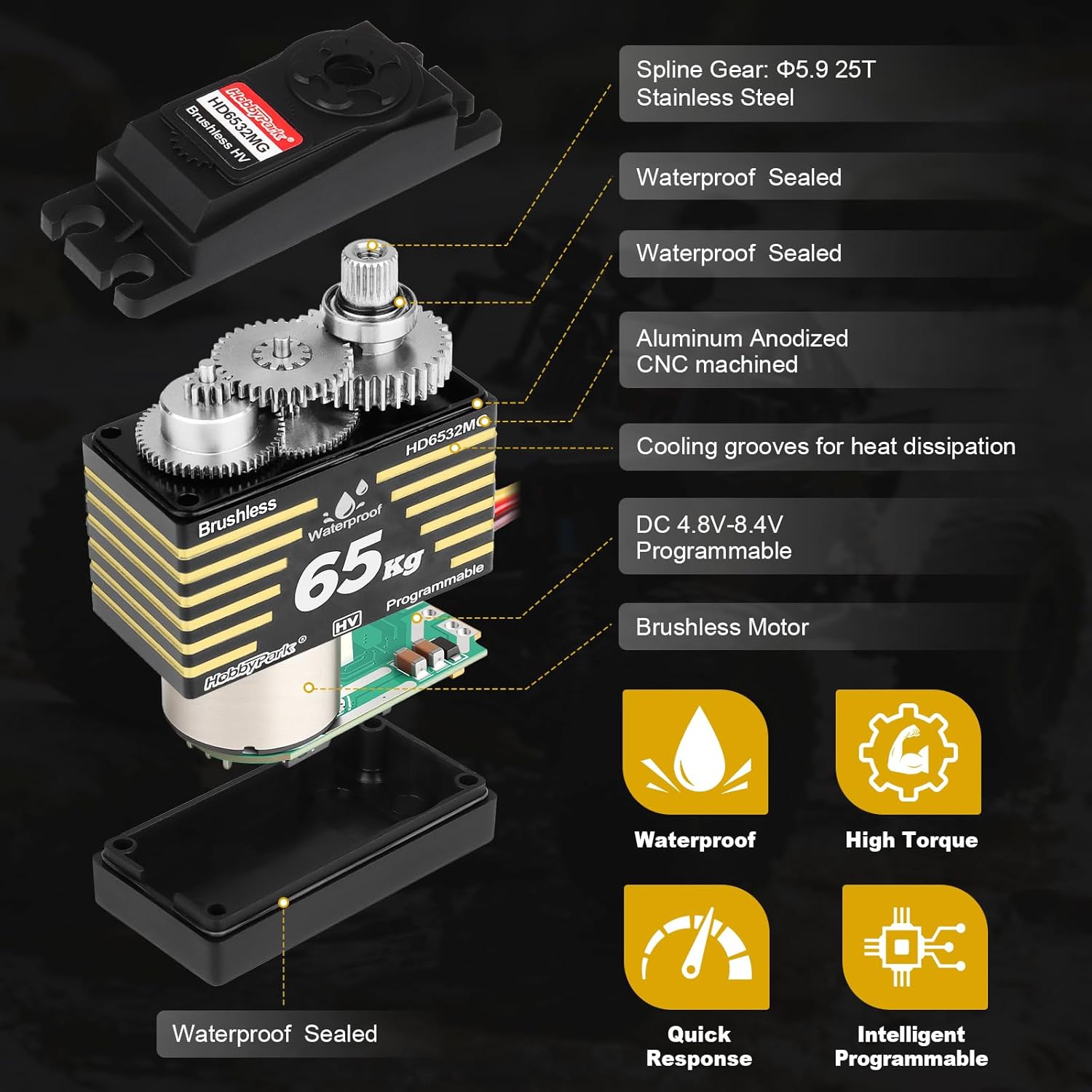HobbyPark Waterproof 65kg Servos Brushless Motor High Torque RC Steering Servo Fast Speed Stainless Steel Metal Gears HV for 1/8 1/10 RC Crawlers Cars Trucks Buggy 180° Standard Programmable
