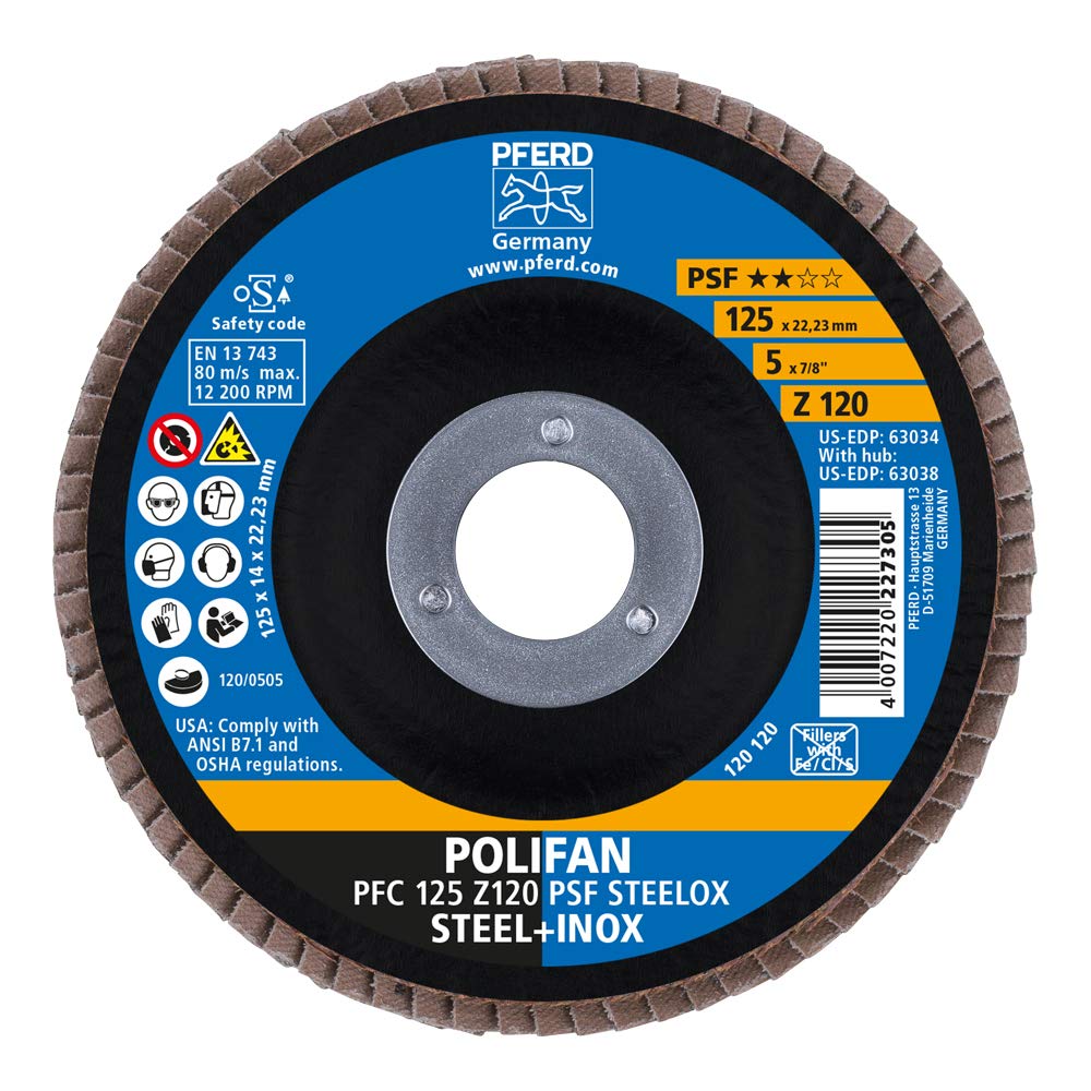 PFERD Polifan Flap Washer Pack of 5 | Diameter 125 mm, Z 120, Conical, PSF Steelox | 69398195 - for Steel and Stainless Steel (INOX)
