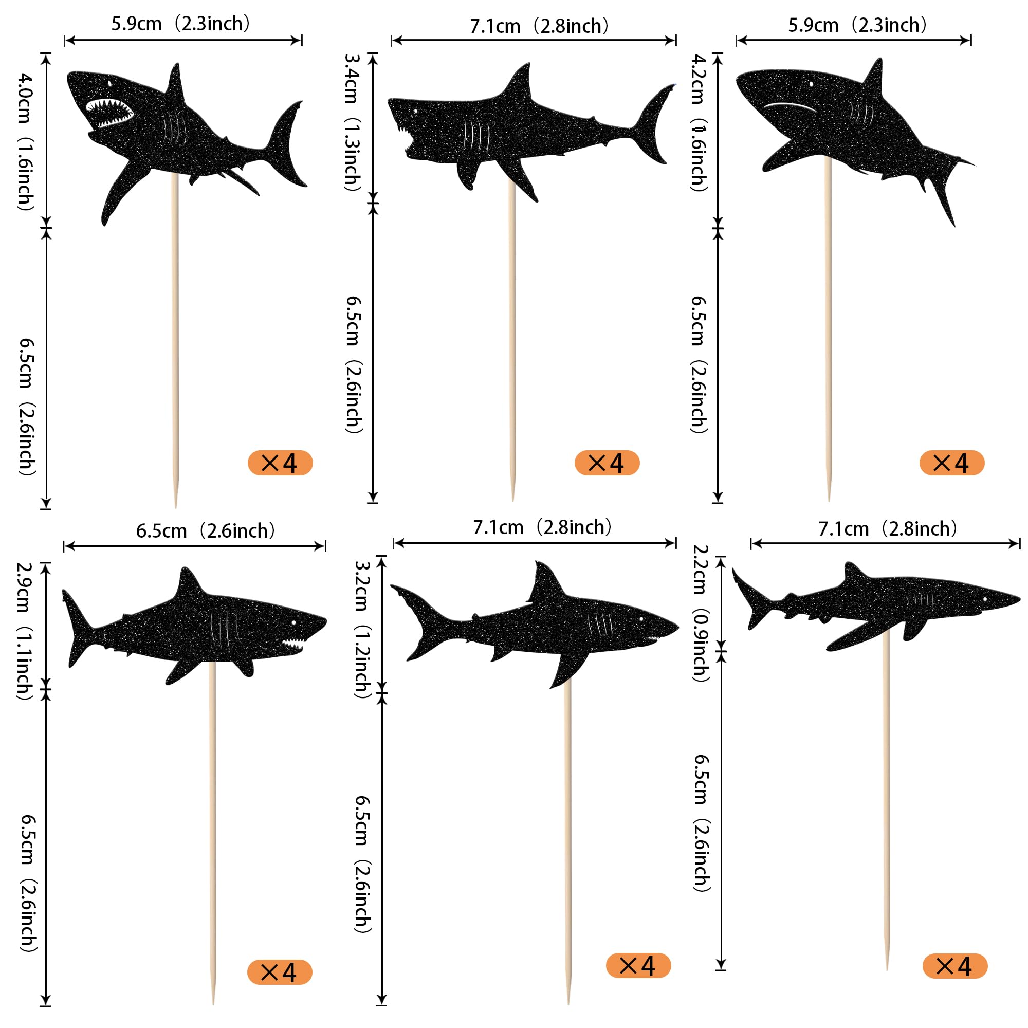 YCTHUNFISH 24 Pack Shark Cupcake Toppers Glitter Ocean Animals Shark Cupcake Picks for Baby Shower Kids Shark Theme Birthday Party Cake Decorations Supplies Black