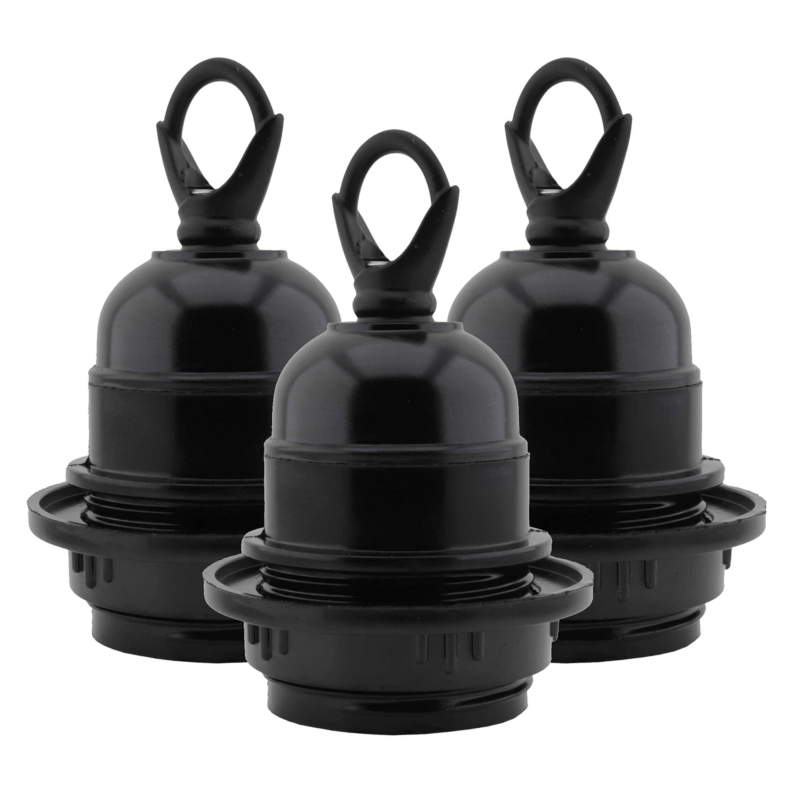Art Deco Emporium Triple Pack E27 Lampholder in Black Bakelite with Shade Ring and Deco Styled Chain Closed Loop for Hanging Light Fittings, Black Ceiling Light Fitting or Pendant Light Fitting