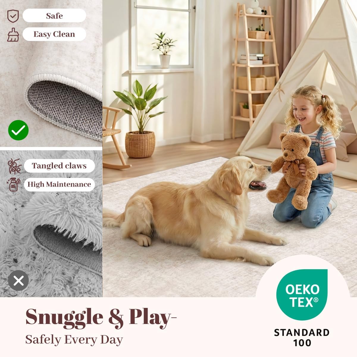 Homemate Washable Rug 4x6 Area Rugs - Vintage Faux Wool Rugs for Living Room Bedroom Dining Room - Non Slip Foldable Carpet Indoor Area Rug for Home Decor（4'x6', Beige
