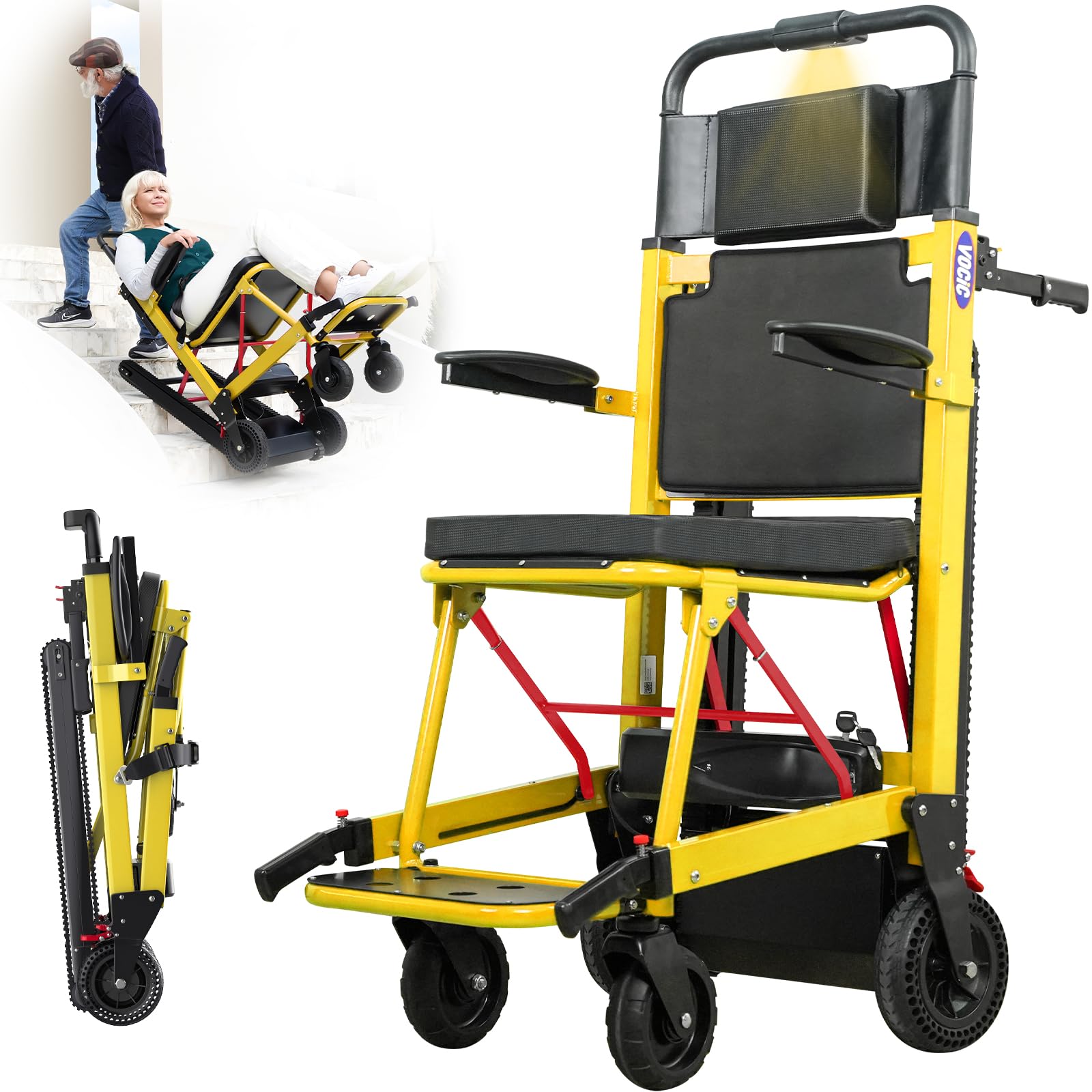 VOCIC Elektrisch Treppensteiger Rollstuhl Faltbar 220KG mit Gummikette AY04 | Elektrische Treppenhilfe Rollstühle für Senioren, Treppenlift Medizinische Rettungstrage mit LED Licht (Gelb)