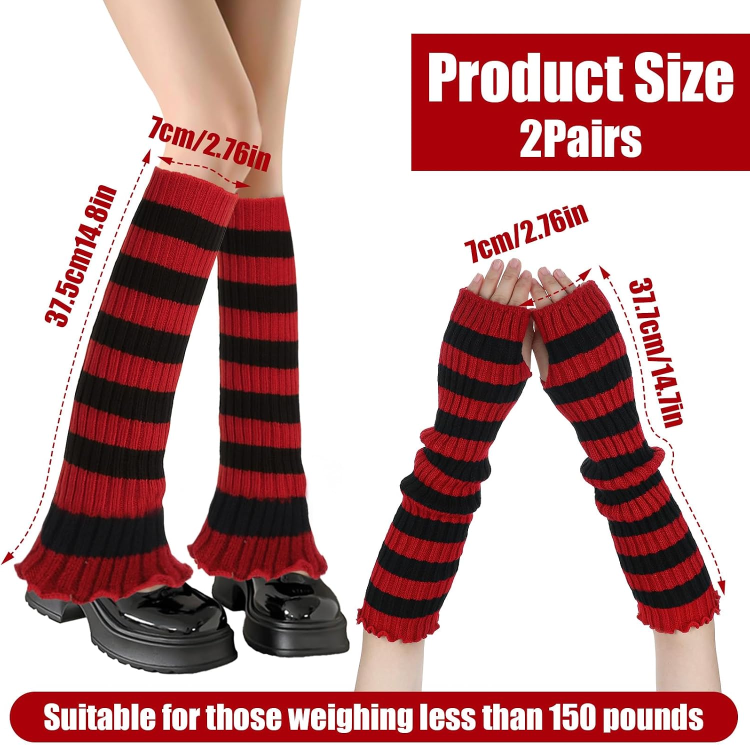Y2k Striped Arm Warmers Goth Punk Black Red Arm Warmers Emo Gloves Knit Winter Arms Sleeves Fingerless Gloves