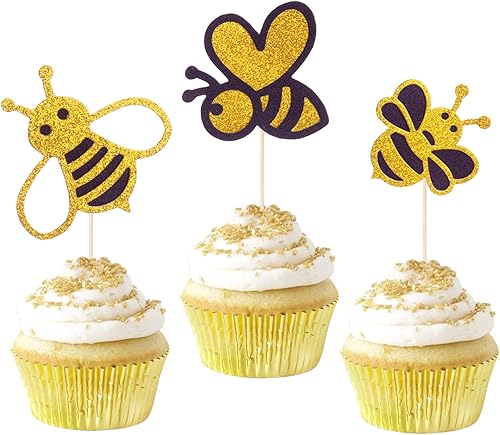 Miniatura 8 de ALISSAR Paquete de 30 adornos para cupcakes de abejorro con purpurina, para revelación de género de abejorros para baby shower, fiesta de