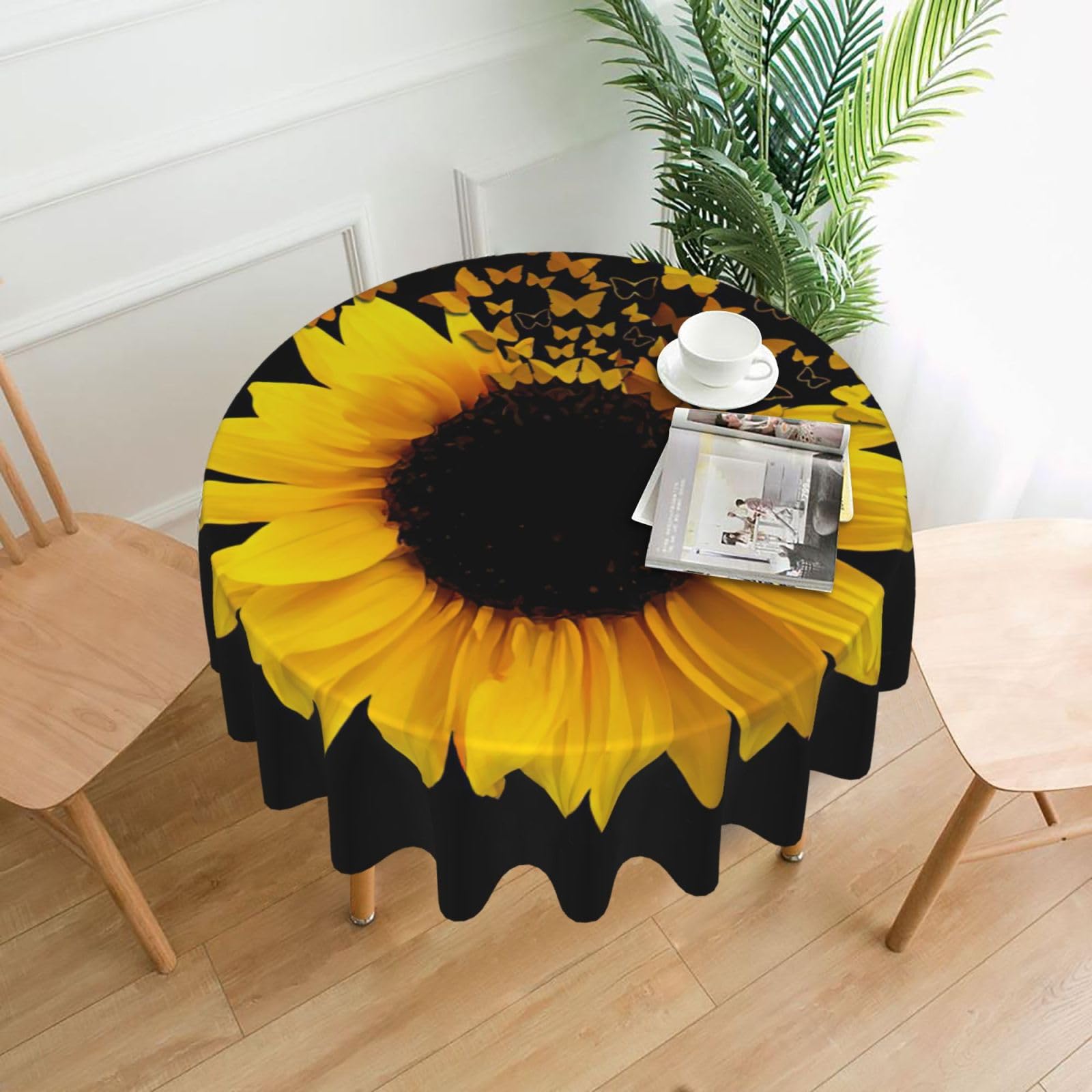 Zcmkjlg Sunflower Floral Butterflies Art Print Quick Ship Round Tablecloth 60in Polyester Washable Cover for Dining Room