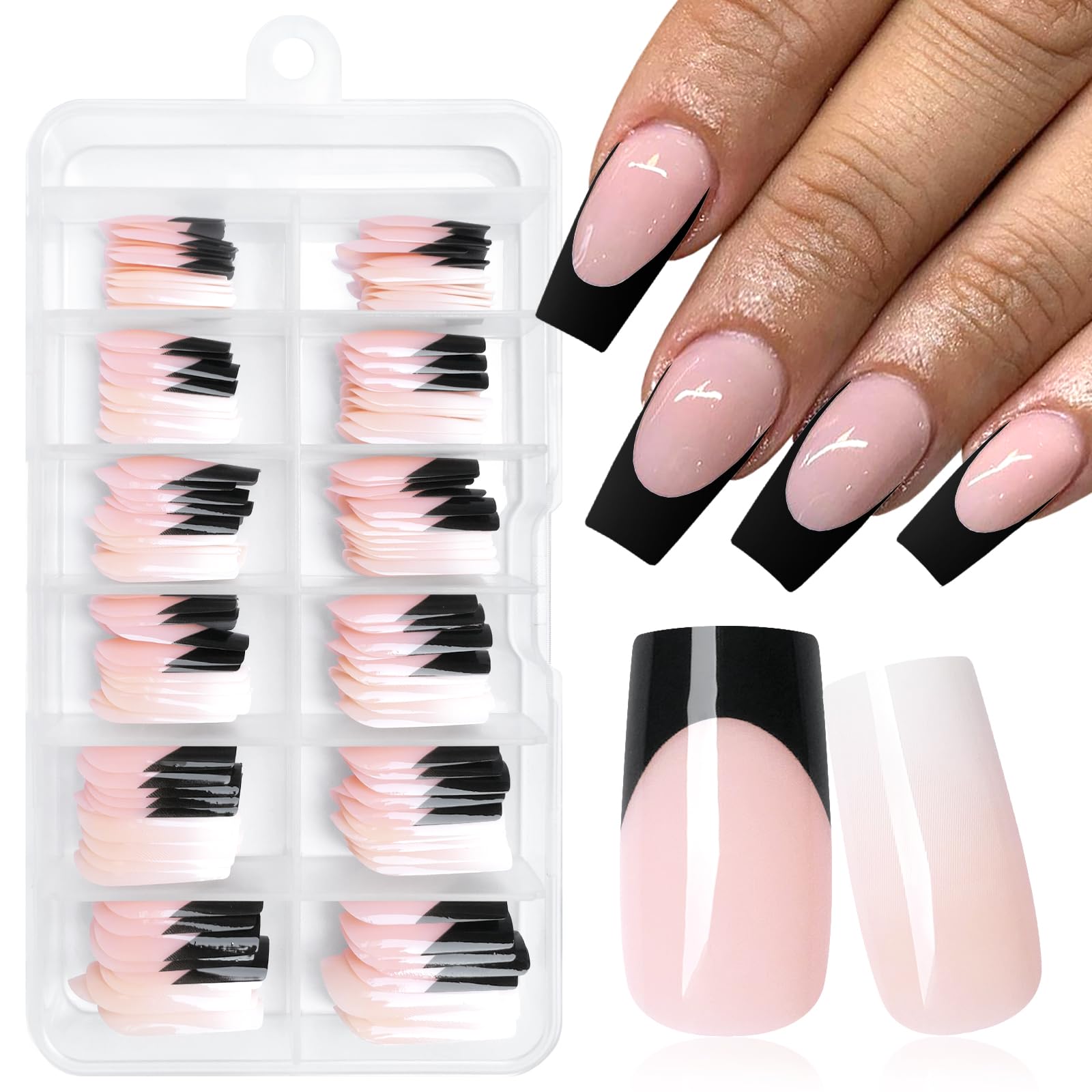 LuckForever 144pc Black French Tips Press on Nails Medium Square Fake Nails French Nude Ombre Glue on Nails Press ons French Tips Medium False