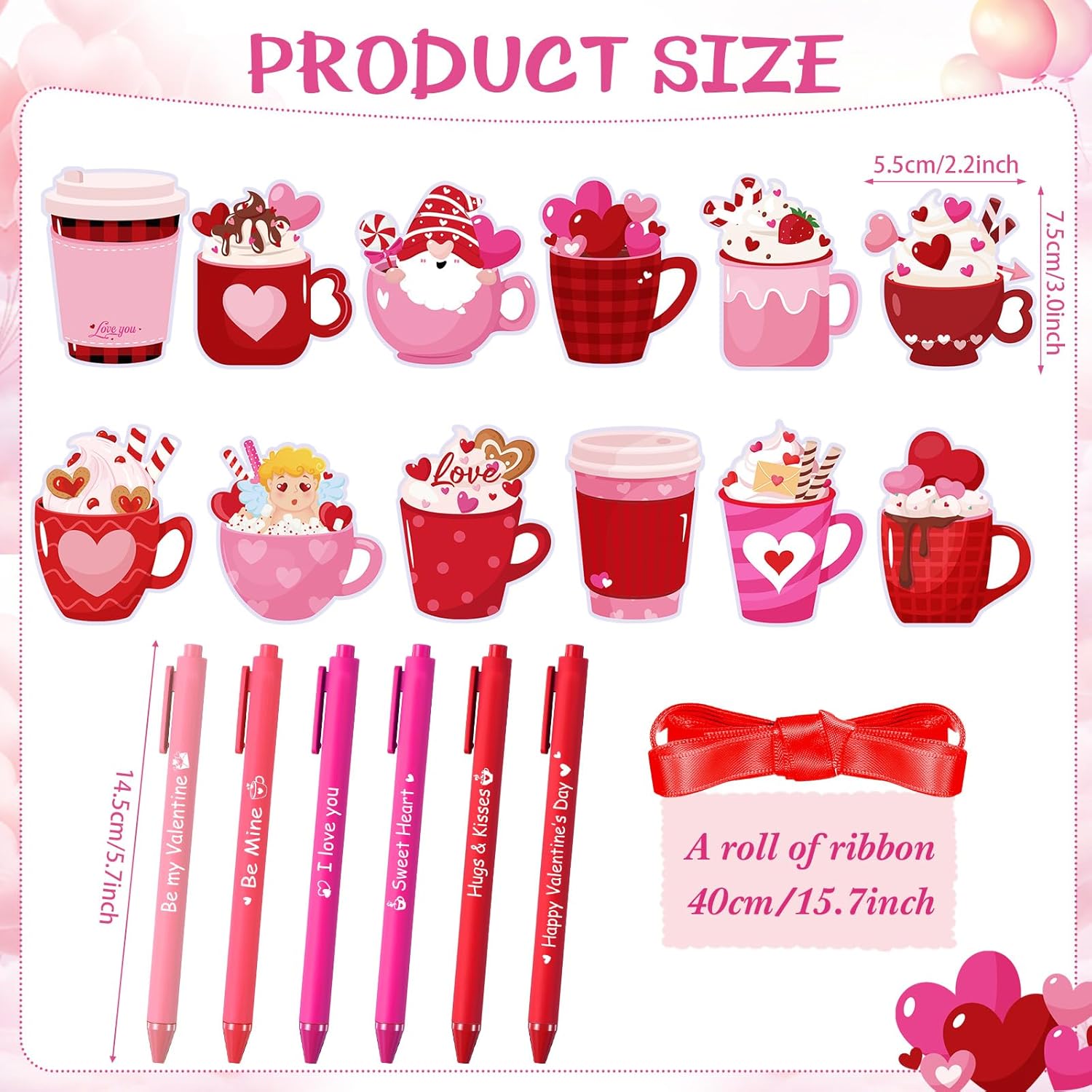 Pasimy 72 Pcs Valentines Day Sticky Notes with Pens Ribbons - Bulk Coworker Valentine Gifts Set, 24 Valentines Notepads 24 Ballpoint Pens Red Pink Heart Office Gift Supplies Favors(Red, Coffee Cup)