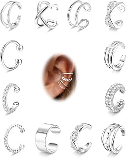 FUNRUN JEWELRY 12PCS Non-Piercing Ear Cuff Earrings for Women - 14K Gold Plated Adjustable Clip-On Cartilage Fake Earrings Set