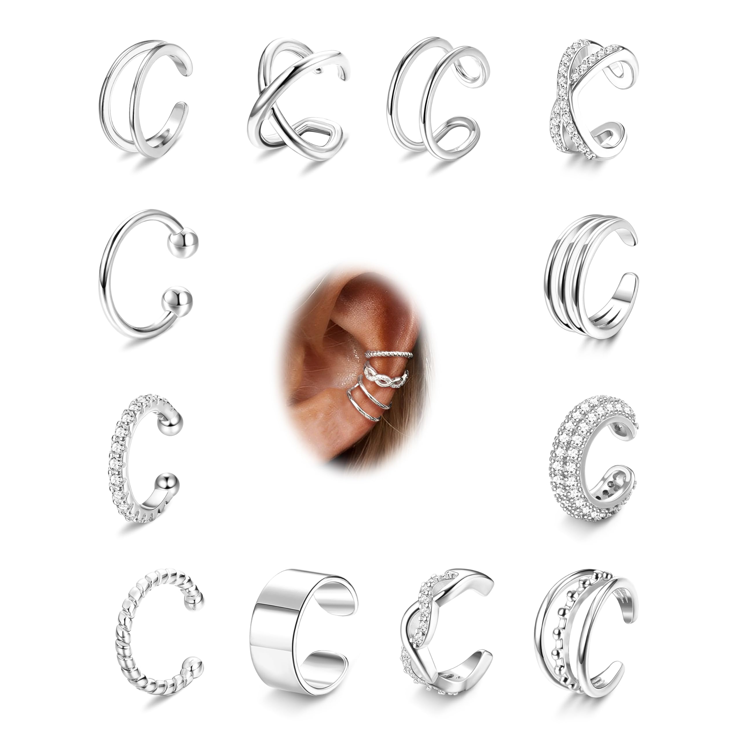 FUNRUN JEWELRY 12Pcs Ear Cuff Earrings for Women Non Piercing 14K Gold Plated Ear Cuffs Non Pierced Clip on Cartilage Earring Adjustable Fake Earrings