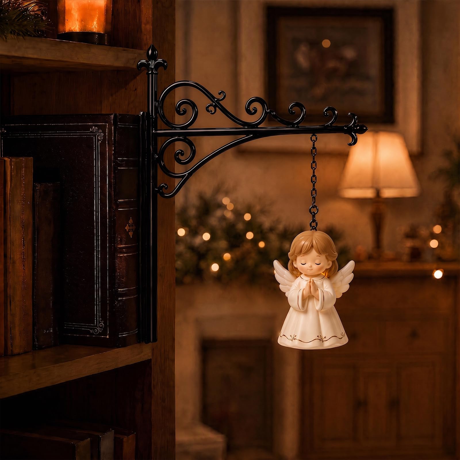 Library Lantern-Decorative Bookshelf Lighting, Reading Nook LED Nightlight, Metal Bookcase Lamps, Vintage Table Desk Luminaires, Studious Home Room Ornament (Angel) — image 1