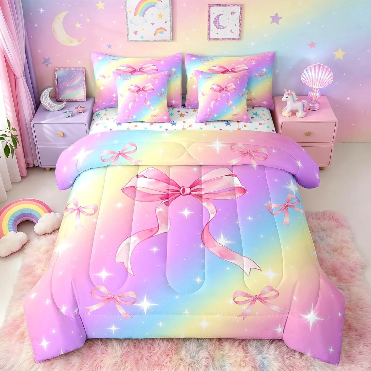 Erosebridal Pink Bow 7-Piece Comforter Set Full Bed in a Bag | Pastel Rainbow Bedding Sets Girls Room Decor Star Comforter and Sheet Set,Feminine Glam Preppy Y2K Coquette Room Decor
