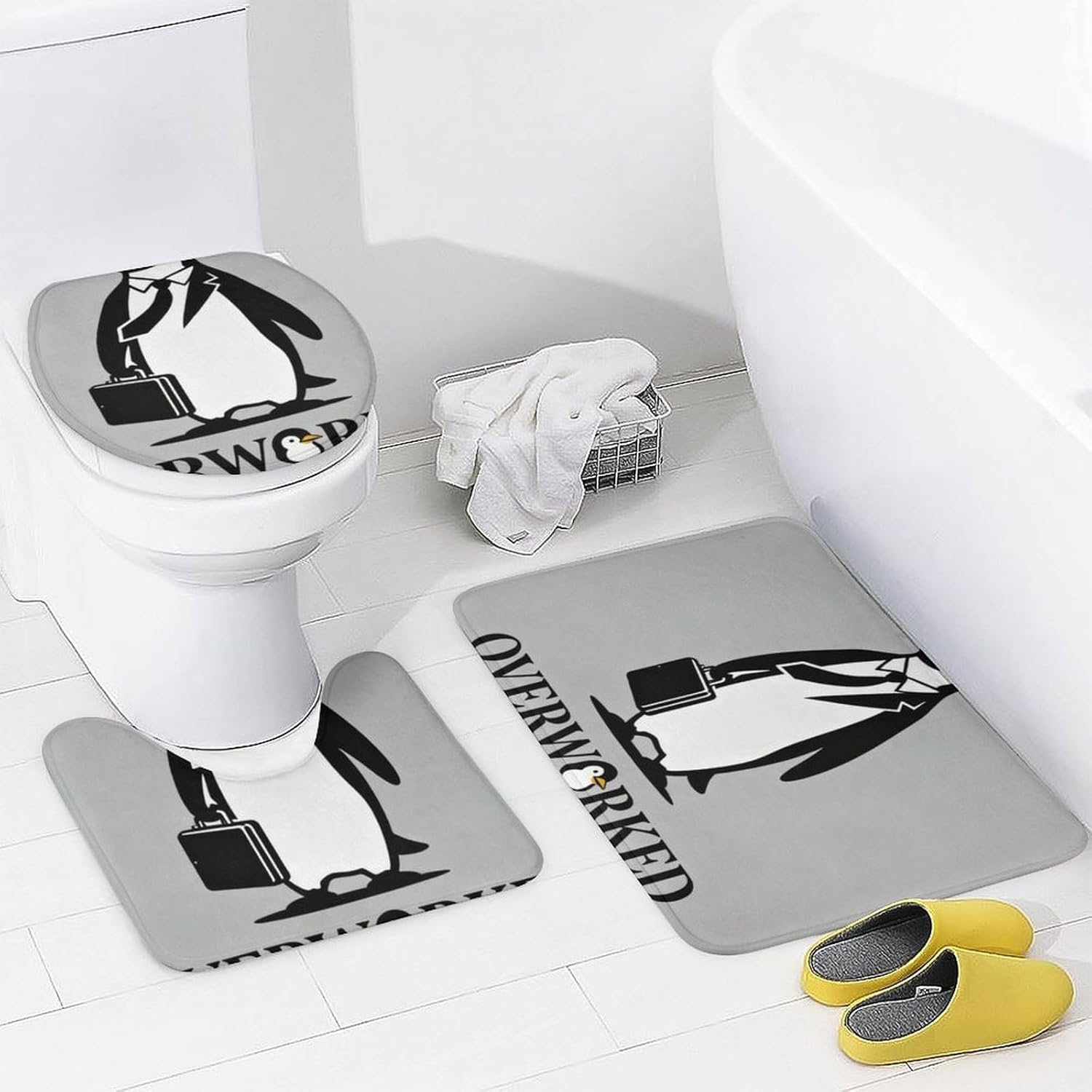 4 Piece Bathroom Rug Set with Shower Curtain, Non-Slip Bath Mat Toilet Cover Set, Penguin Bro Bathroom Rug Sets