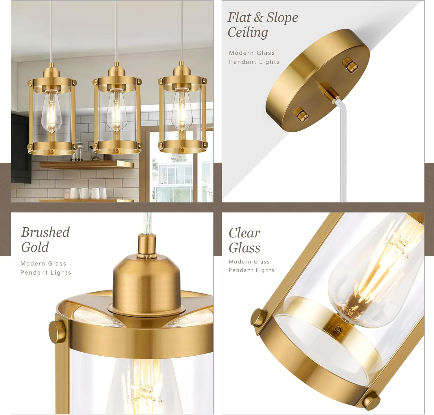 Brushed Gold 3 Pack Pendant Lights Kitchen Island and 4-Light Linear Chandelier for Kitchen Island Dining Room