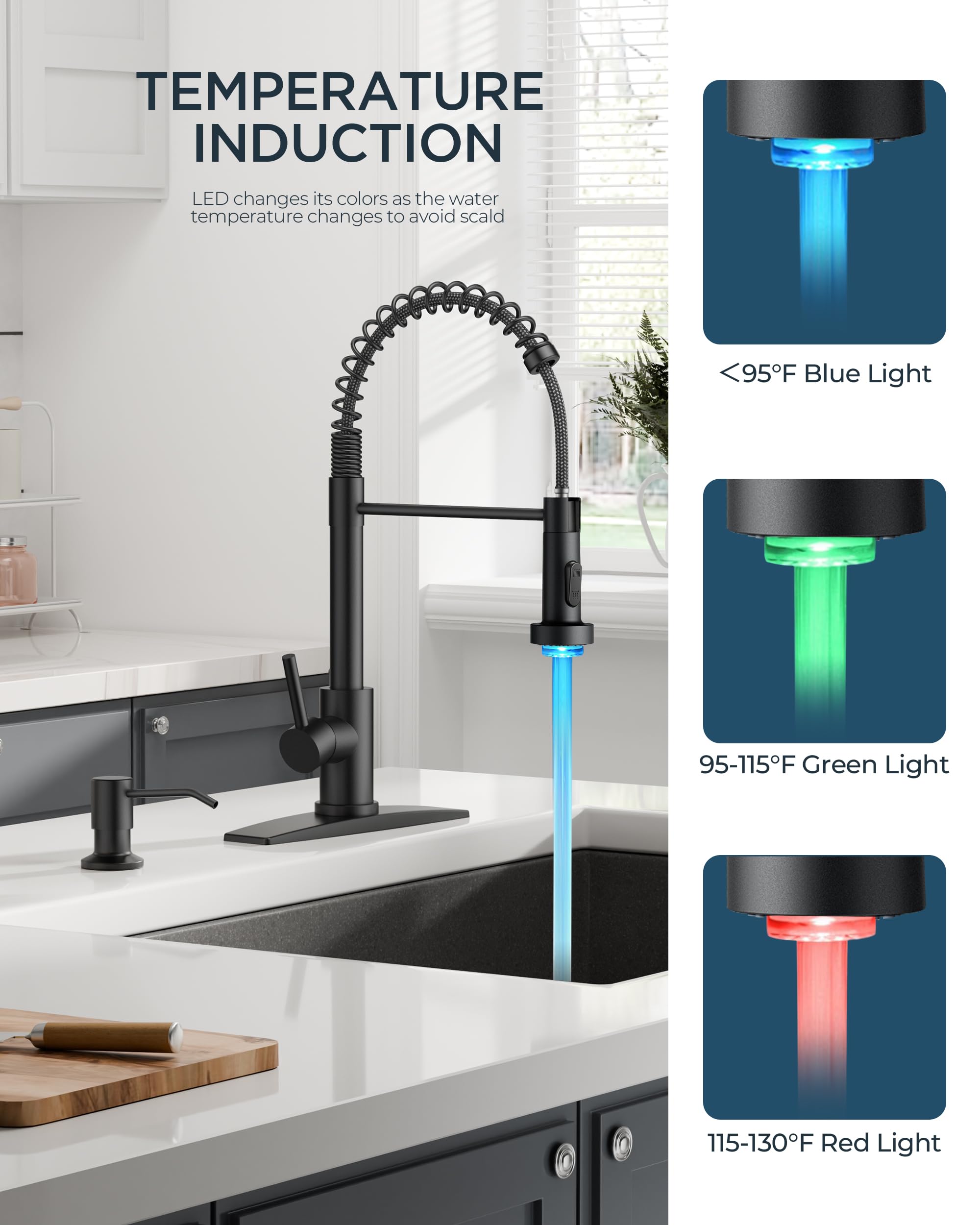 Grifo de Cocina LED con dispensador de jabón, Grifo de Fregadero Comercial de Resorte Tradicional de Acero Inoxidable Negro con rociador extraíble para lavandería y Utilidad RV Camper Bar Granja