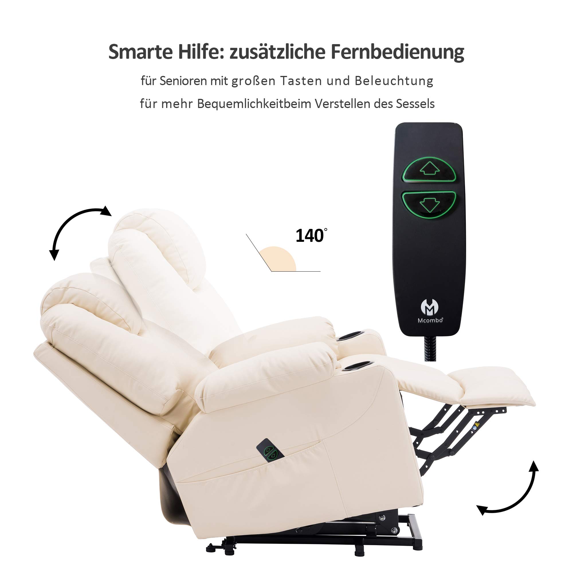 MCombo Elektrisch Massagesessel Relaxsessel Fernsehsessel Liegefunktion Vibration Heizung (Cremeweiß)