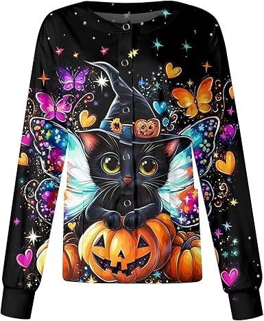Printed Scrub Jackets for Woman Print Long Sleeve Plus Size Womens Scrubs for Women Nursing Jacket with Pockets