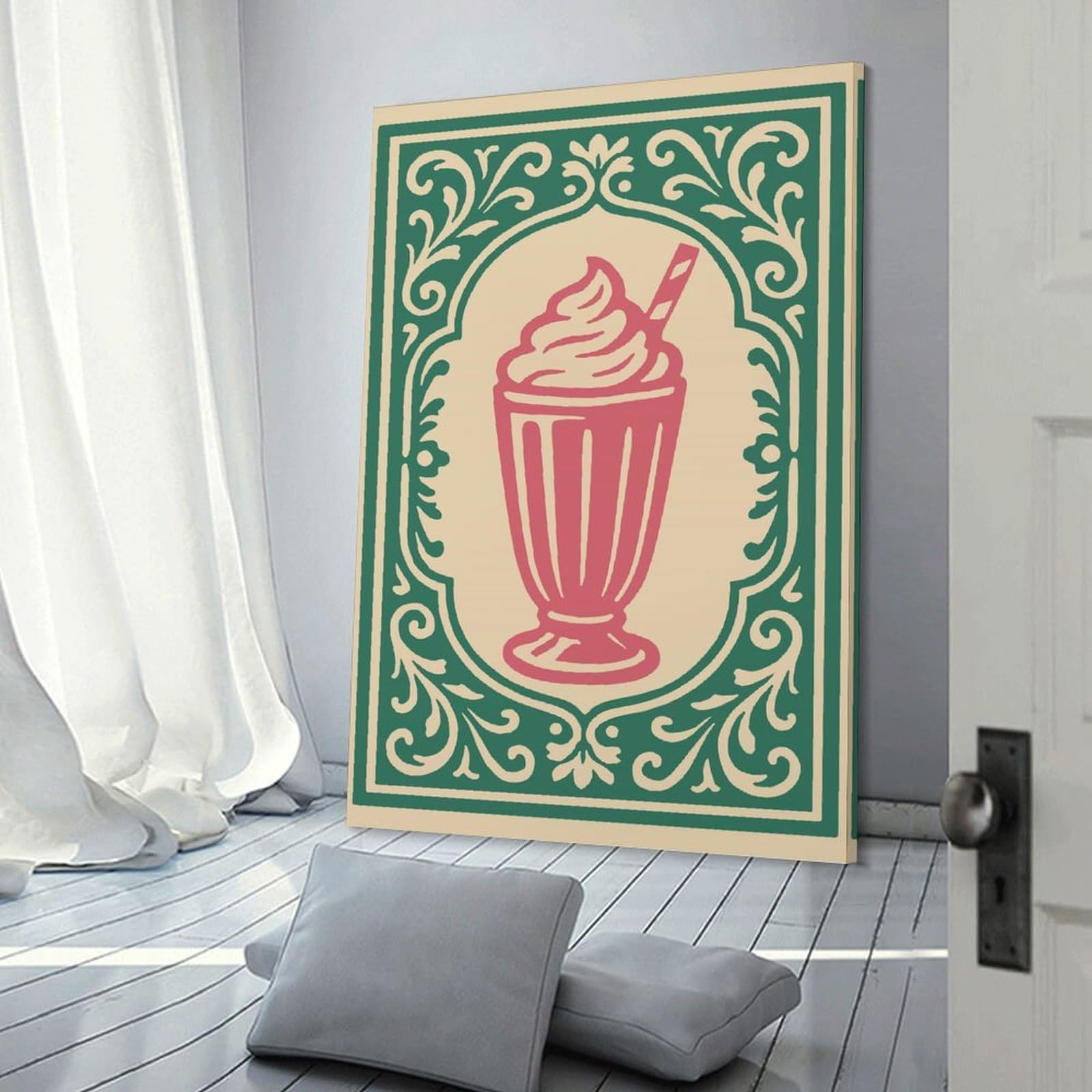 Junmoney Milkshake Illustration with Ornate Border Room Decor Wall Art, 24x36inch(60x90cm), for Home, Office, Studio Or Guest Room, Canvas Wall Art That Fits Changing Layouts