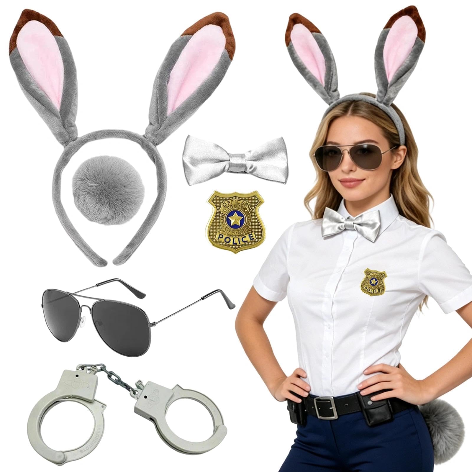 6PCS Disfraz Policia Conejo Para Mujer, Con Diadema Y Corbata Pajarita+Cola De Peluche Funda Esposas Gafas De Sol Juguete De PolicíA Para Carnaval Fiesta, Fiesta De Pascua, Cosplay, Halloween