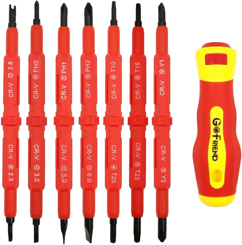 Screwdriver Sets 7 pcs GoFriend Strong Magnetic Screwdrivers Insulation 500V Multi-Purpose 14 in 1 Interchangeable Chrome Vanadium Alloy Electrician Repair Tools Kit
