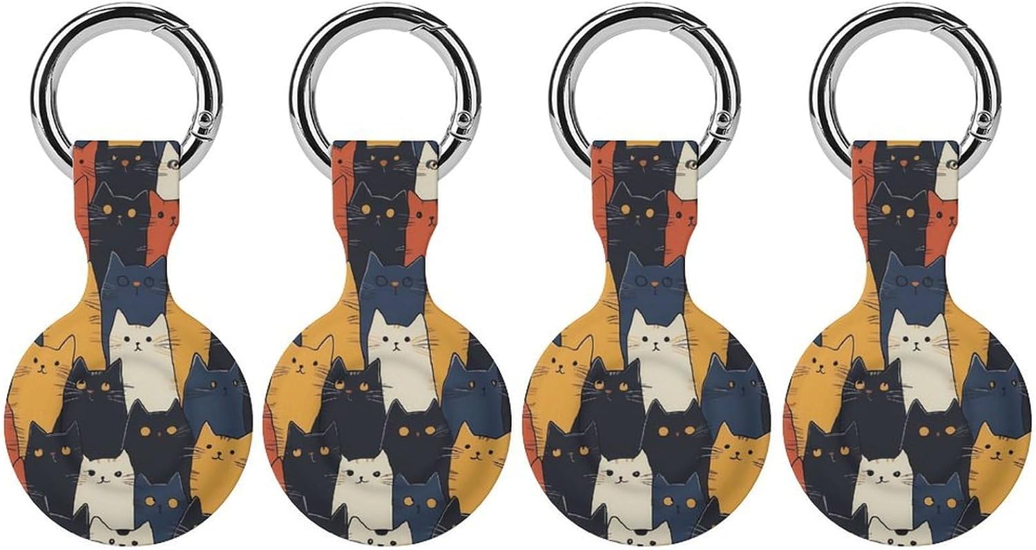 Colorful Cartoon Cats Pattern Funny Cover Compatible with AirTag Case Protector GPS Tracker Holder with Keychain