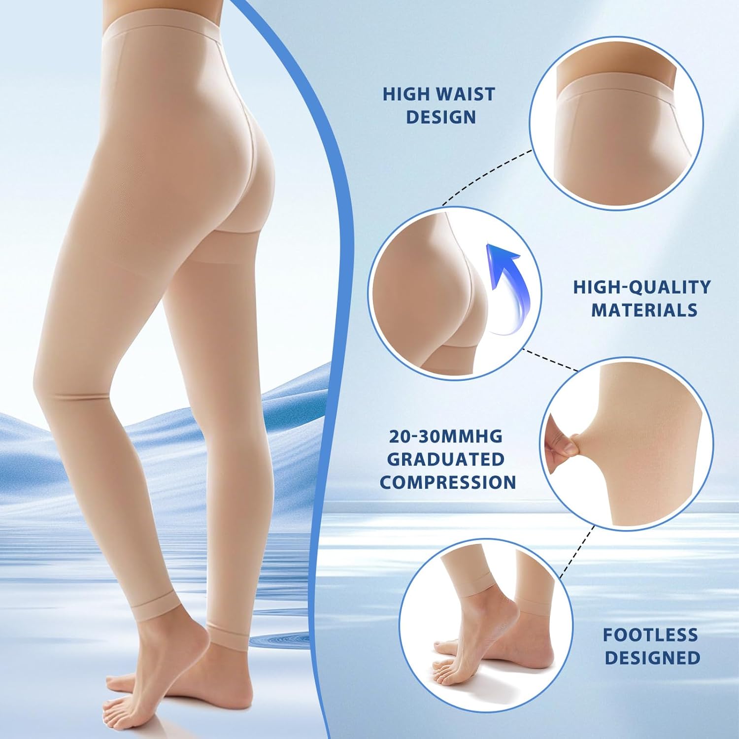 20-30 mmHg Compression Pantyhose Stockings for Women, Footless Medical Compression Stockings, Waist High Opaque Graduated Support Compression Tights for Varicose Veins, Swelling, Teacher, Doctor - Image 3
