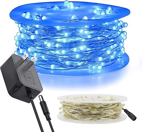 RUICHEN Guirnalda de luces LED de alambre plateado con carrete de 99 pies, 300 luces LED de 99 pies, color azul