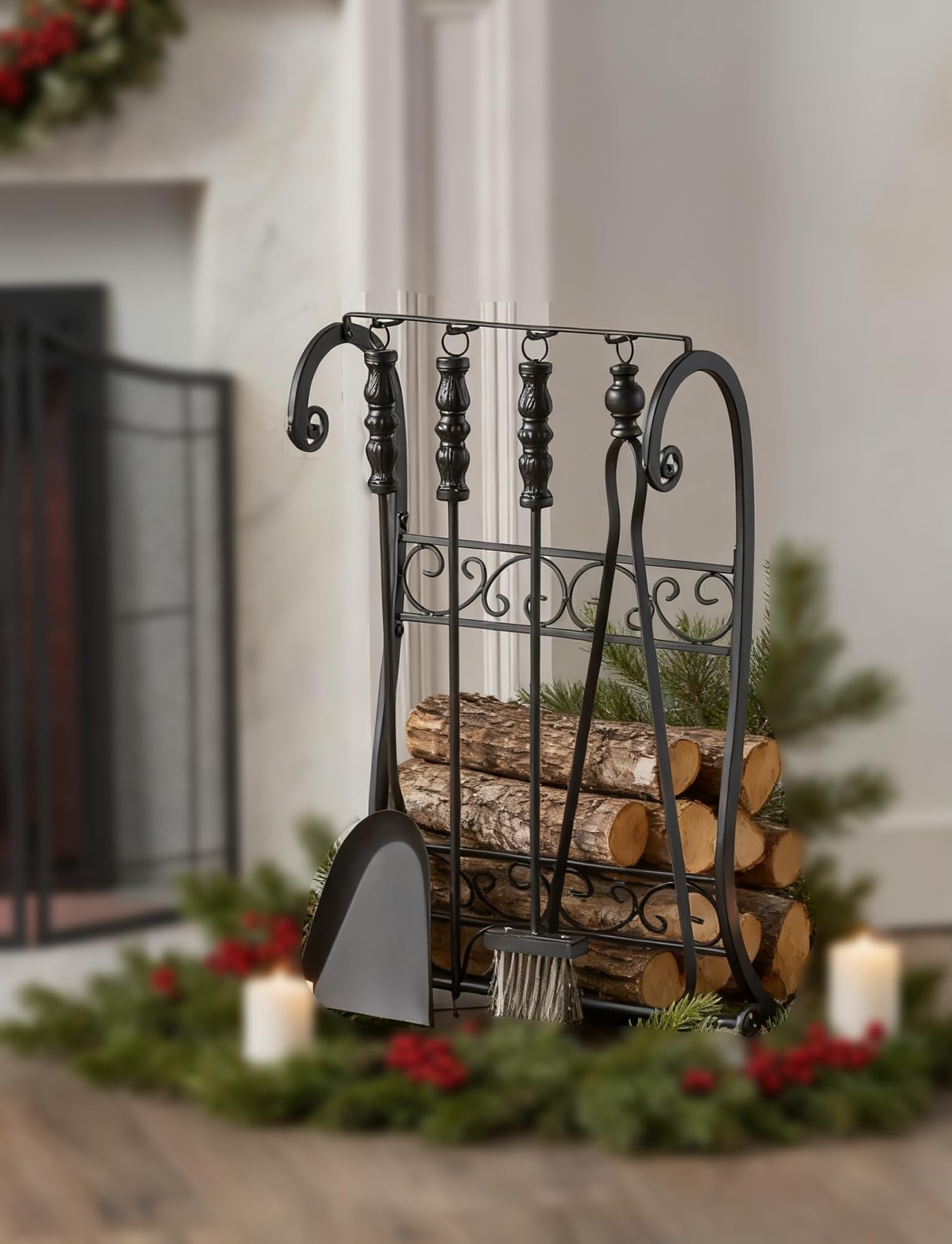 Juego de leñero de Hierro Fundido y Herramientas for Chimenea: Soporte for leña con Asas for Chimenea de Interior y Exterior, Soporte for Rejilla