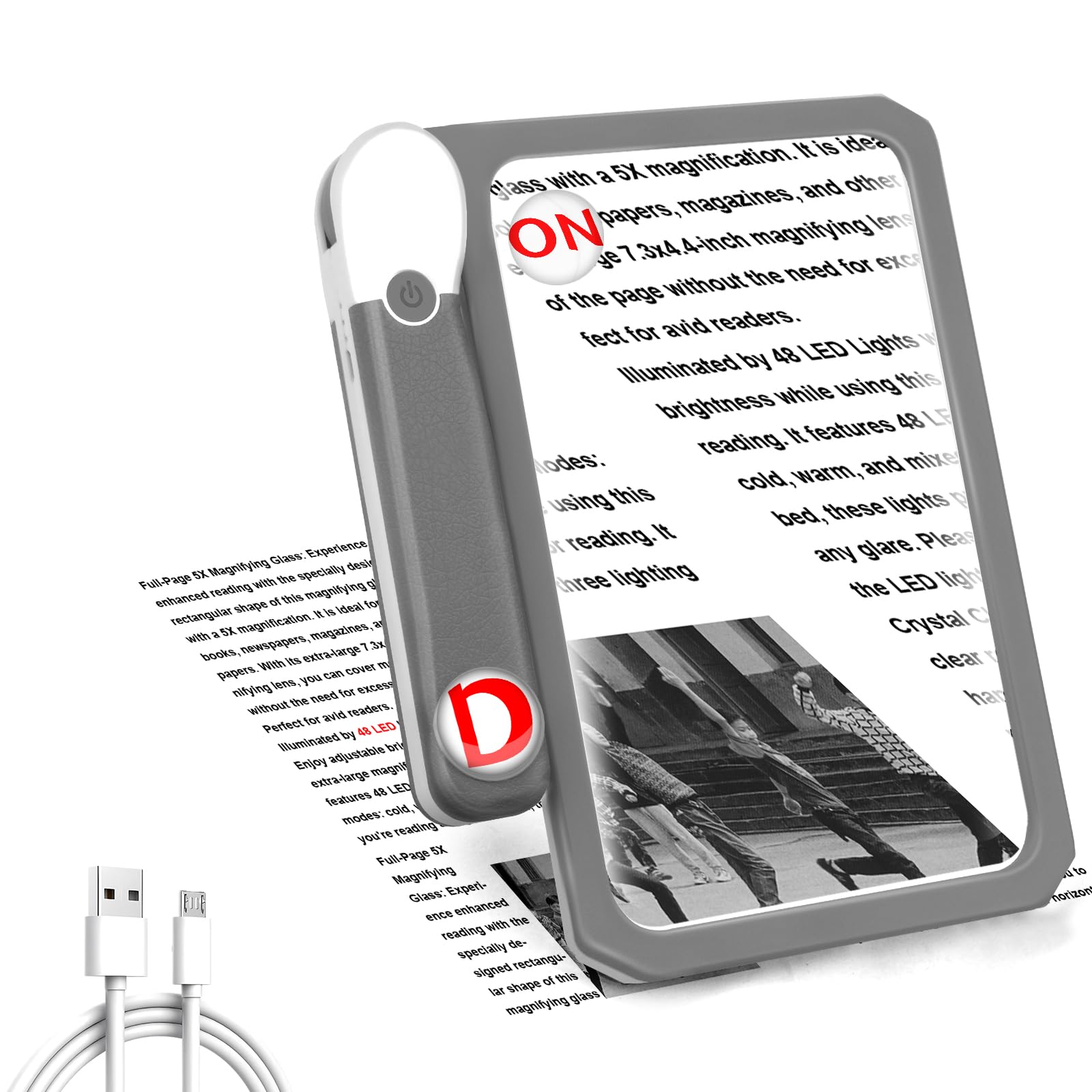 Large Magnifying Glass with Light Rechargeable Foldable for Full Book Pages 48 LED Small Printed Lightweight for Low Vision and Seniors (Light Grey)