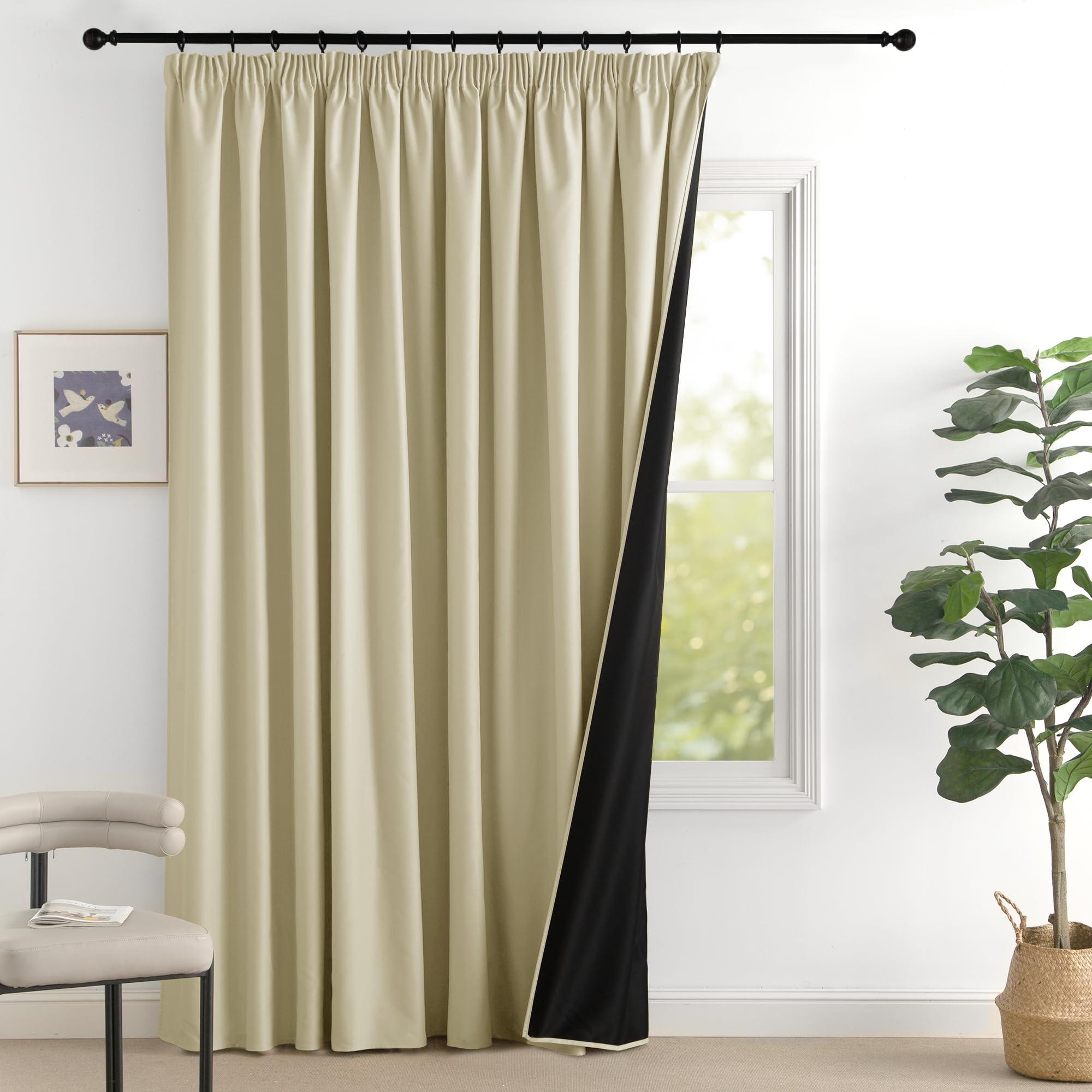 PONY DANCE Rideau Grande Largeur - Rideau Occultant Thermiques Anti Froid Galon Fronceur Passe Tringle Décoration pour Salon Chambre Maison, L 300 x H 245 cm, Beige Clair, 1 PC