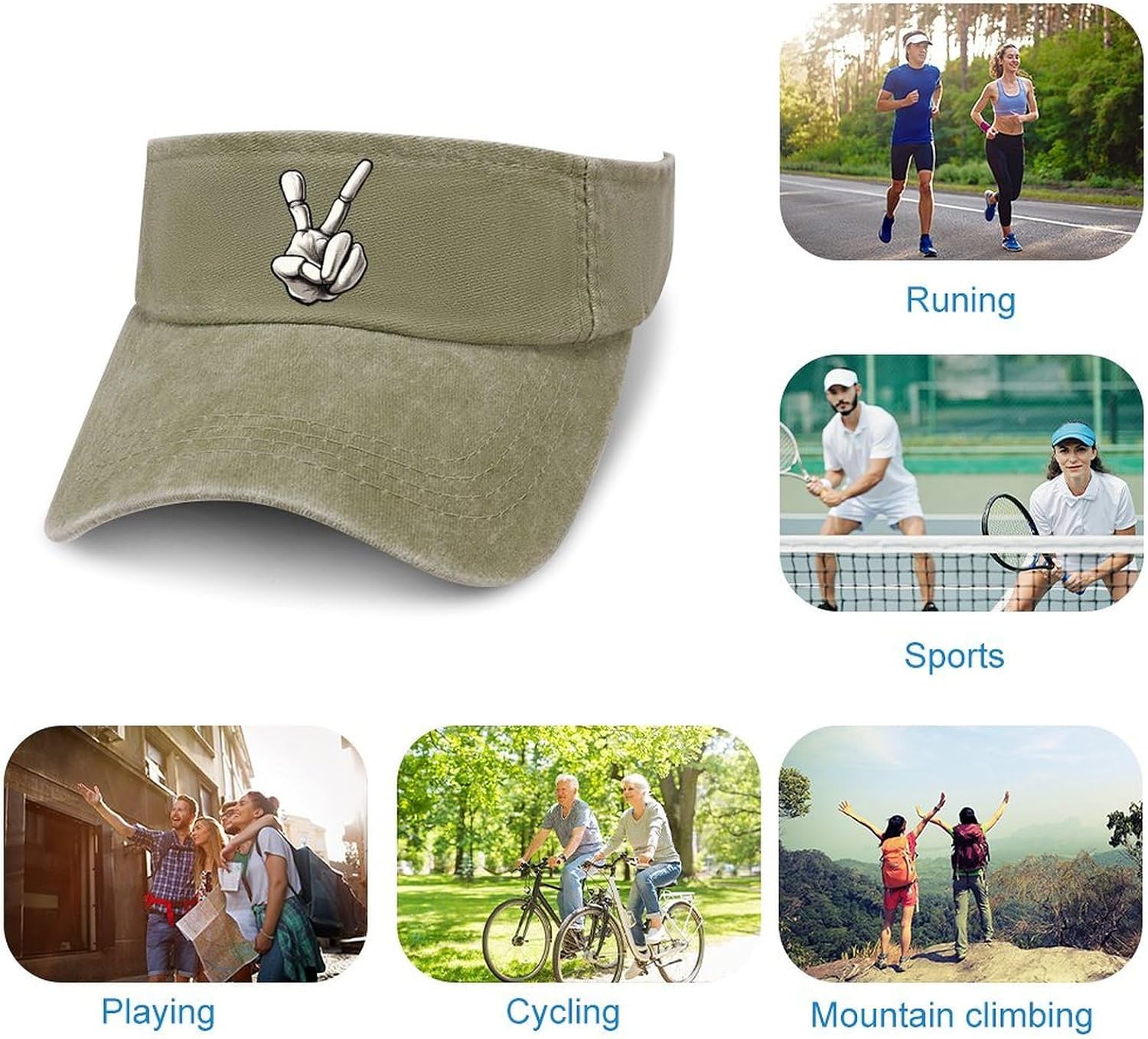 Halloween Skeleton Hand Peace Sport Sun Visor Hats for Women Men Empty Top Baseball Cap Adjustable Denim Hat