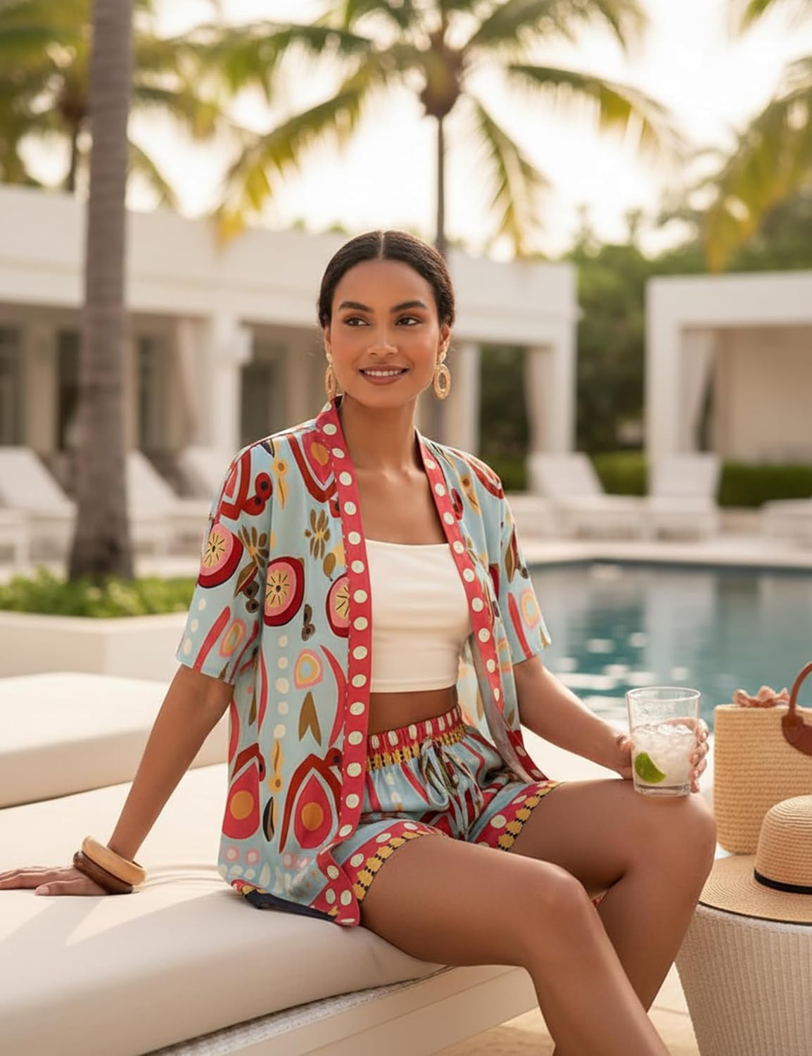 Women Boho Tropical Print Beach Cover Up Shorts Set 2 Piece Summer Lounge Outfit Lightweight Swimwear Matching Outfit - Image 6