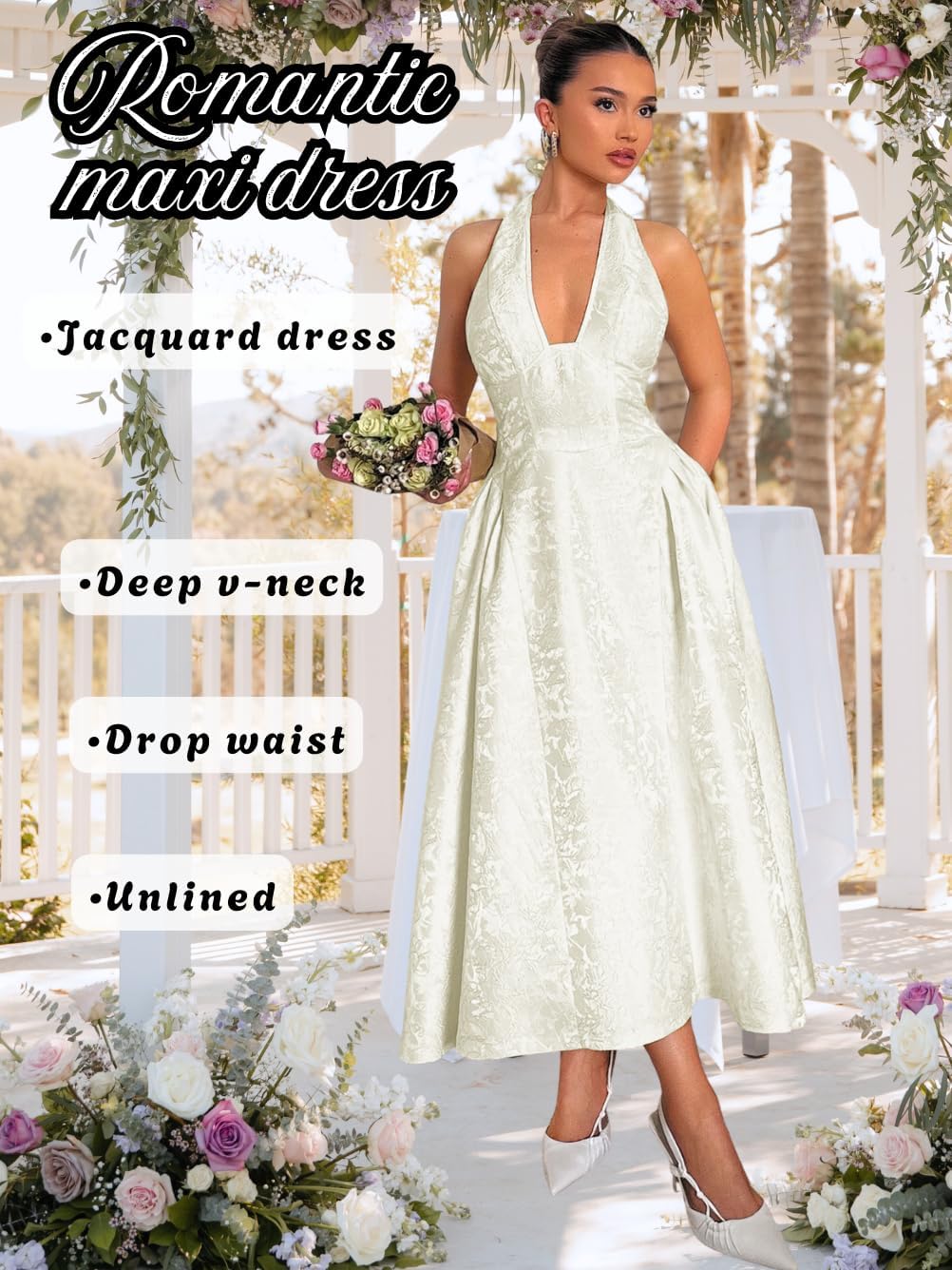 Jacquard Maxi Dress, V Neck A Line, Wedding Guest Prom, Halter Corset Pastel Tea Party Vacation Semi Formal