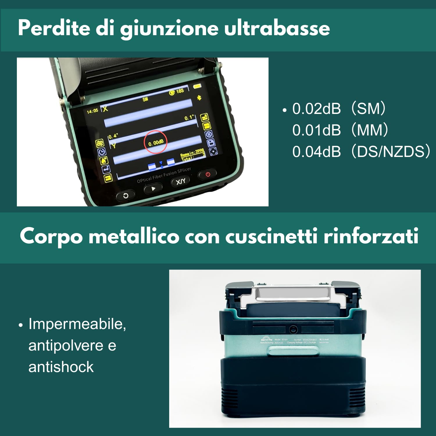 Nuovo Modello AI-6A+ Saldatrice per Fibra Ottica con OPM e VFL Integrati, Kit Giuntatrice Fibra Ottica Automatica a Allineamento del Nucleo con 6 Motori, 8s Fusione 18s Riscaldamento