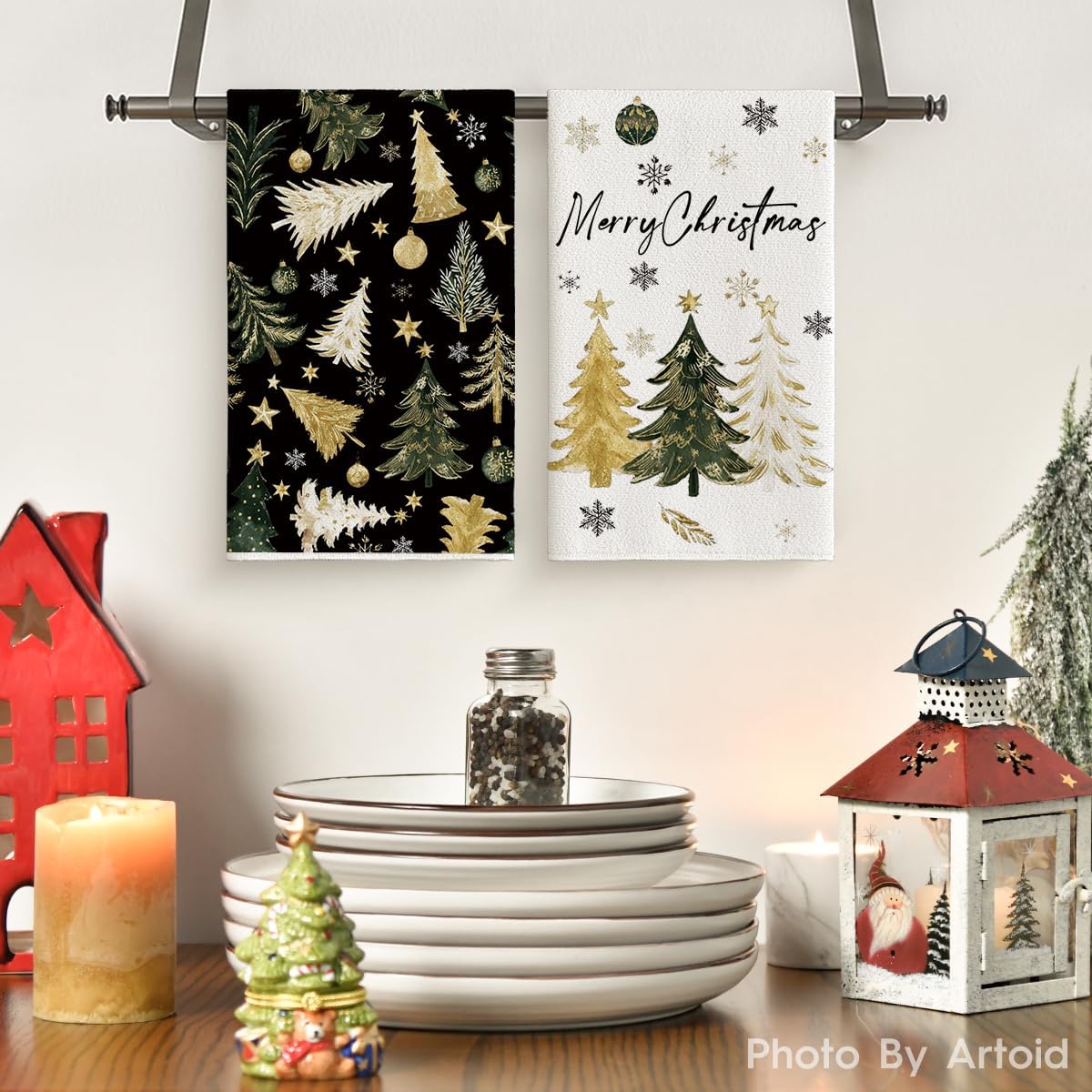 Artoid Mode Black Golden Xmas Tree Merry Christmas Kitchen Towels Dish Towels, 18x26 Inch Farmhouse Ornaments Winter Decoration Cleaning Set of 2 - Image 2