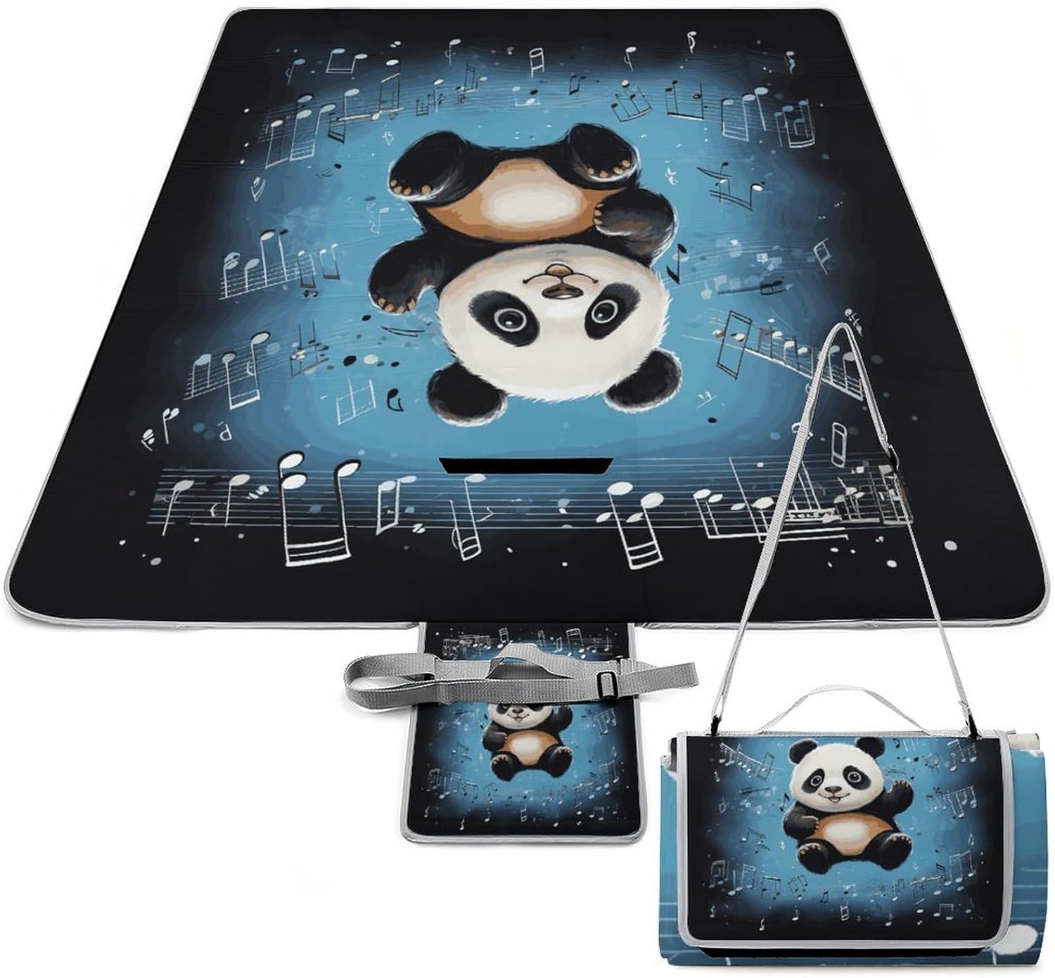 Panda Dancing on Musical Notes Beach Blanket Thickened Foldable Camping Mats Soft Lightweight Beach Pad Square Picnic Blankets with Shoulder Strap for Park Grass Patio Hiking