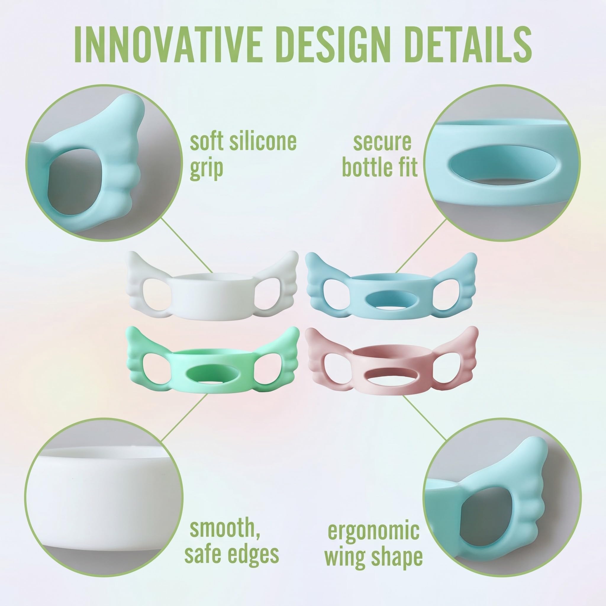 Paquete de 4 Asas para Biberones, Sujetadores de Silicona Multicolor, Adaptables y Faciles de Agarrar, Para Lactantes y Bebes, Aprendizaje de Alimentacion Independiente