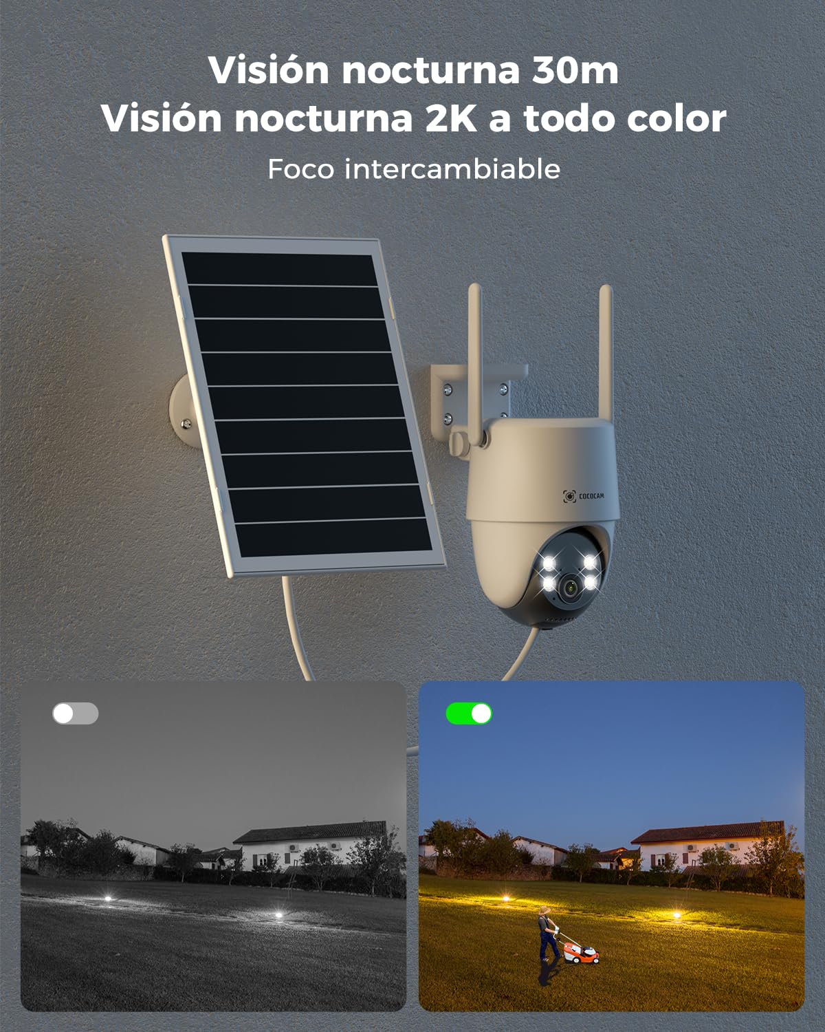 COCOCAM 24/7 Grabación AOV Camara Vigilancia WiFi Exterior Solar 2K PTZ | 10000mAh Batería 8W Panel Solar, Detección IA, Seguimiento IA, Visión Nocturna 30 Metros, Audio Bidireccional, IP66