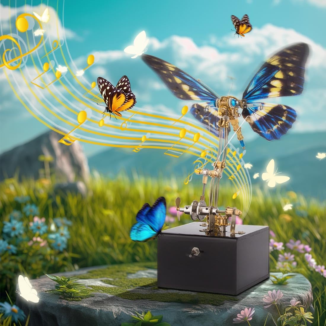 Puzzle 3D meccanico dinamico a forma di farfalla in metallo per adulti, kit di montaggio insetti 3D in metallo con carillon, regalo per adulti (versione kit/300+pz/blu)