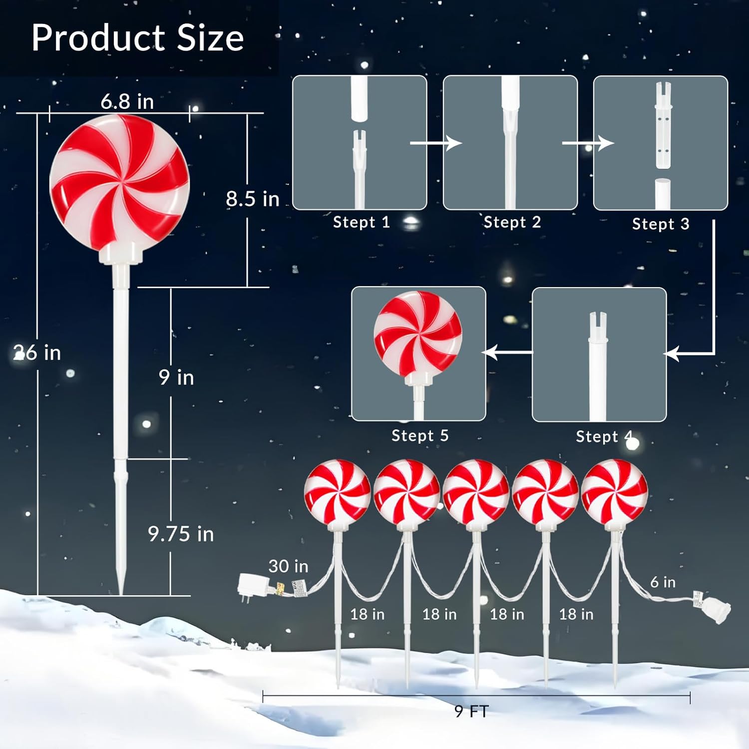 Christmas 3D Peppermint Lollipop Pathway Lights, 26" Outdoor Drivingway Markers, Color-Changing LED Candy Cane Lights, Connectable UL Listed for Yard Path Lawn Patio Decor (Multi Candy, 5)