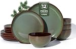 Plates and Bowls Set, POKINI 12 Pieces Stoneware Dinnerware Set, Handmade Reactive Glaze Dish Sets, Scratch Resistan Round Ceramic Dishes Set for 4, Dishwasher & Microwave Safe, Brown Green