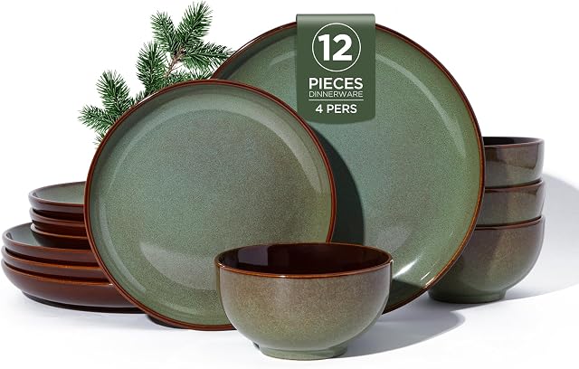 Plates and Bowls Set, POKINI 12 Pieces Stoneware Dinnerware Set, Handmade Reactive Glaze Dish Sets, Scratch Resistan Round Ceramic Dishes Set for 4, Dishwasher & Microwave Safe, Brown Green