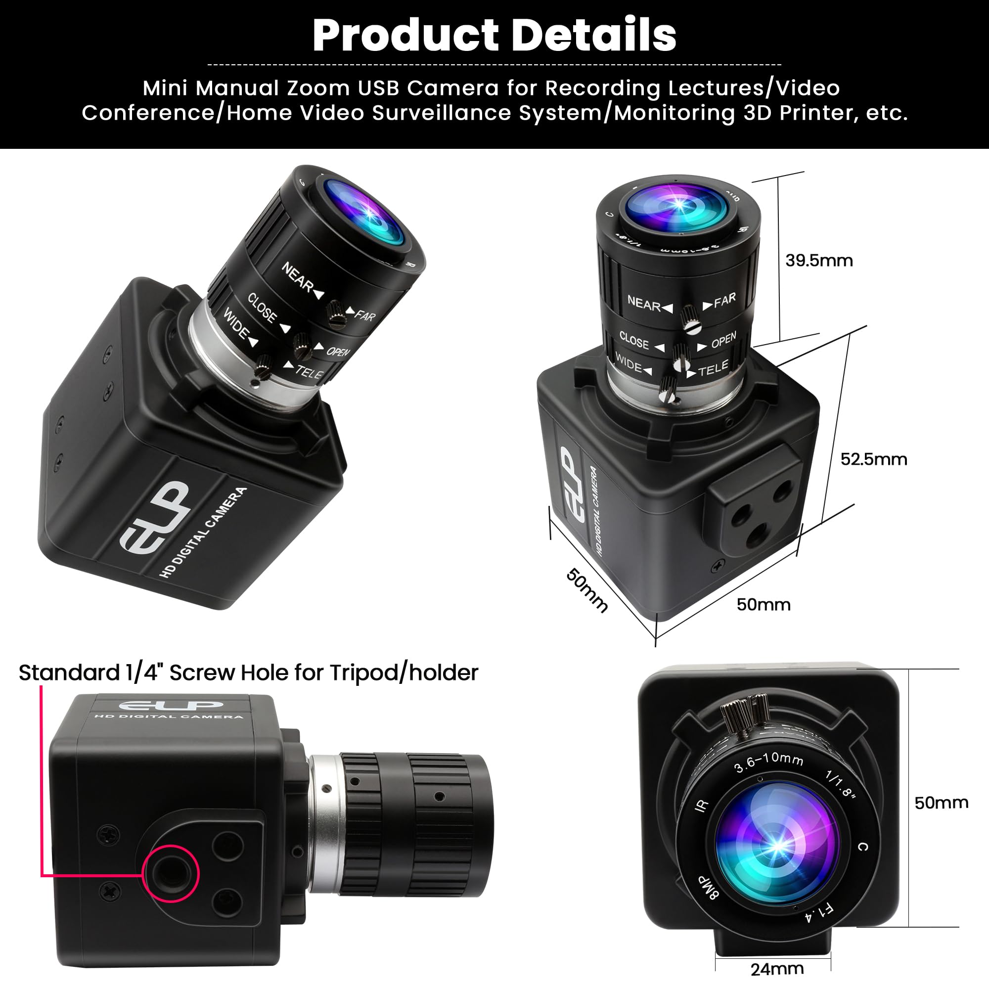 ELP Webcam con zoom manuale da 12 MP USB per computer 1080P 120fps Messa a fuoco variabile Lightburn Camera ad alta velocità 3.6-10mm Zoom 3X USB2.0 PC Cam Varifocal USB Security Webcam per