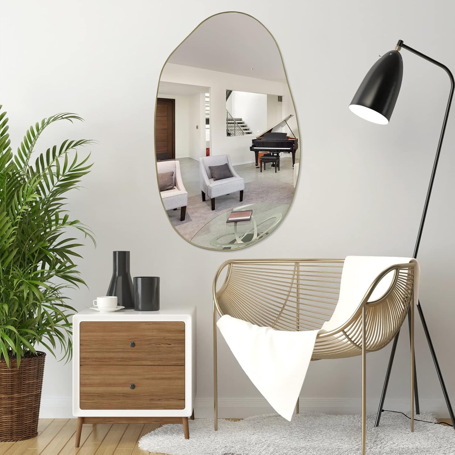 Irregular Wall Mirror, 33.5"x20.5" Asymmetrical Mirrors for Wall, Unique Shaped Frameless Mirror, Gold Modern Abstract Mirrors for Living Room Bathroom Bedroom Entryway